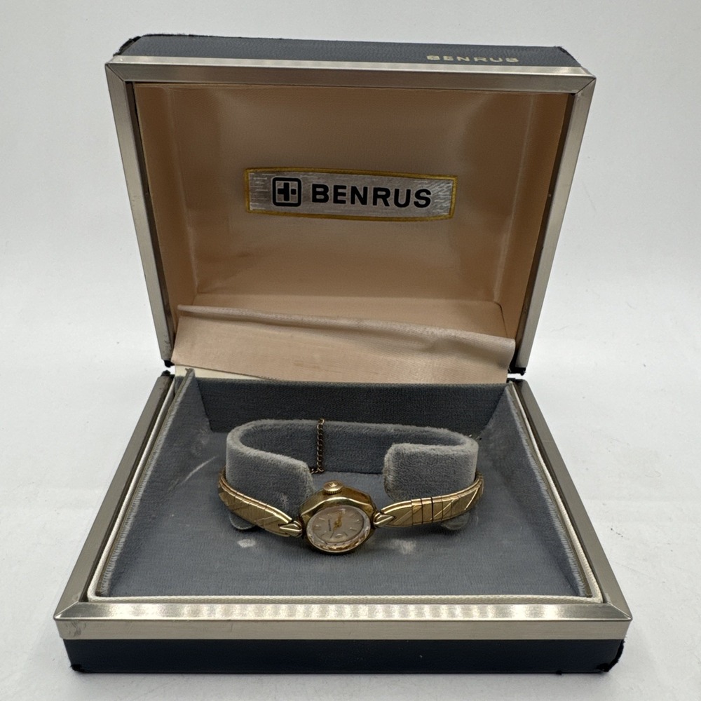 Benrus 1940-50s Vintage Unique 10K  Rolled Gold Bezel Womans Wrist Watch Working